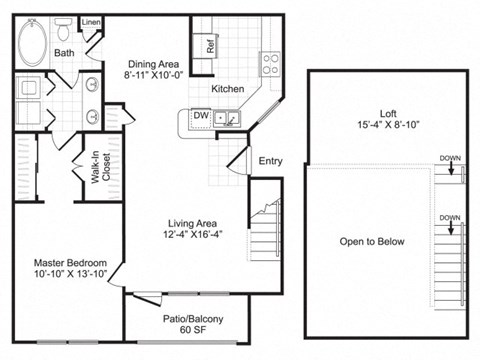 Floor plan for 1 bed, 1 bath, 948 sqft